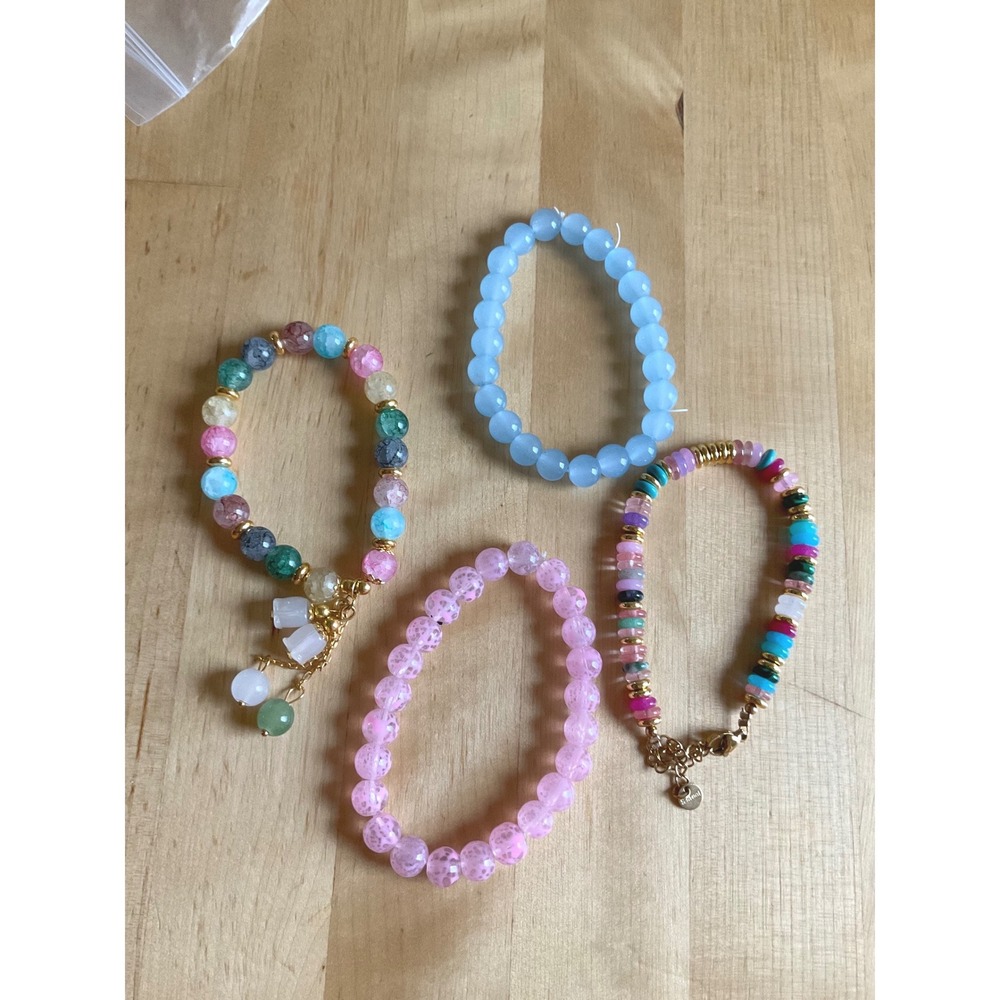 Set of 4 Beaded Bracelets Multi-Color Pink Blue Floral Charms S.Steel Tag
